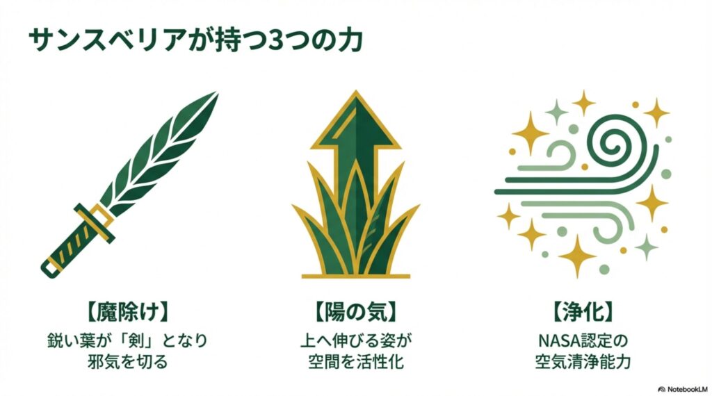鋭い葉が魔除けの剣となり、上へ伸びる姿が陽の気を生み、空気を浄化するサンスベリアの3つの力を示したイラスト