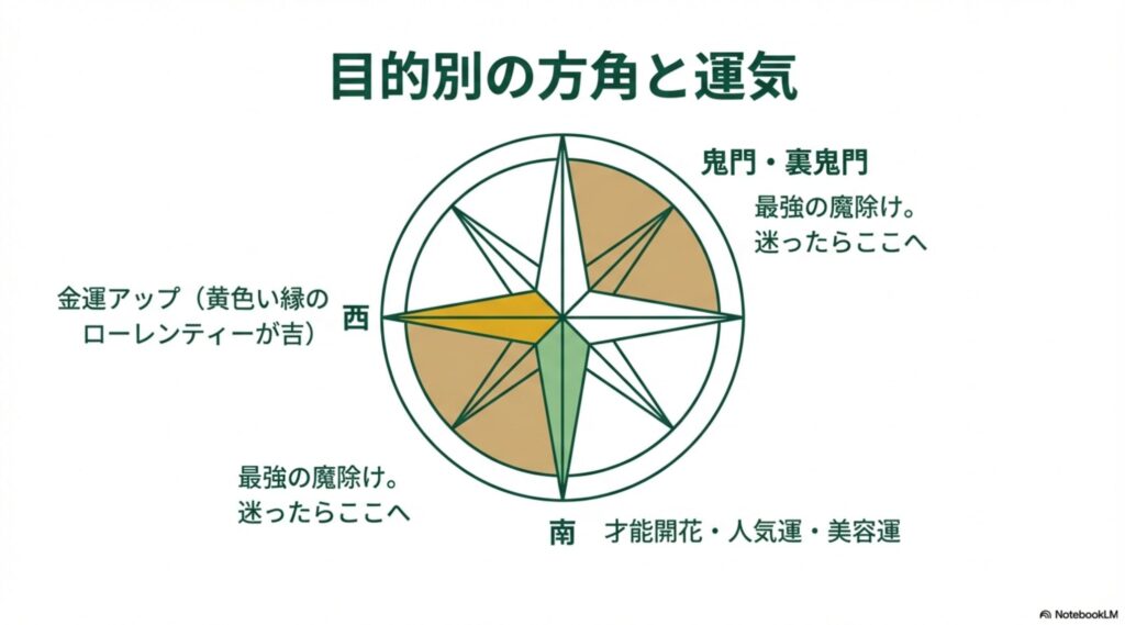 風水羅盤（八卦）のイラスト。鬼門・裏鬼門の魔除け、西の金運、南の人気運など、方角ごとのサンスベリアの効果を図解したもの