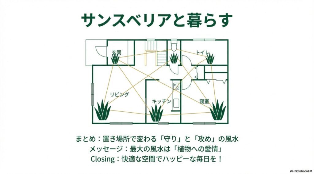 家の間取り図全体にサンスベリアを配置し、玄関・トイレ・リビング・寝室・キッチンそれぞれの効果を線で結んだ「守りと攻めの風水」まとめイラスト