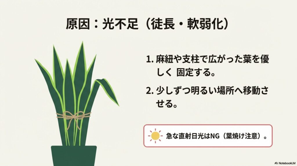 光不足で広がったサンスベリアの葉を麻紐などで優しく束ねて固定するイラスト