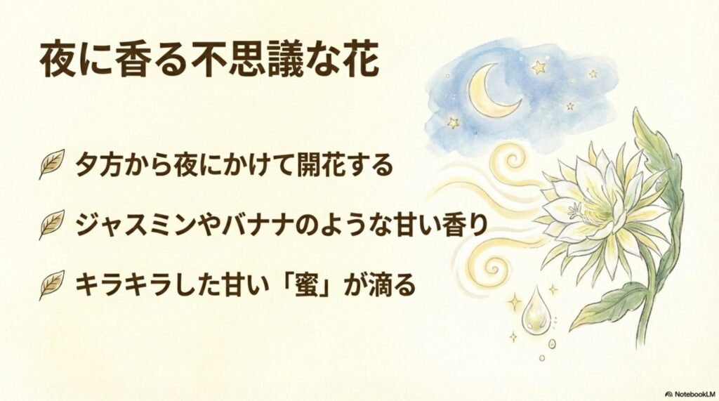 夜に香るサンスベリアの花と滴る蜜のイラスト