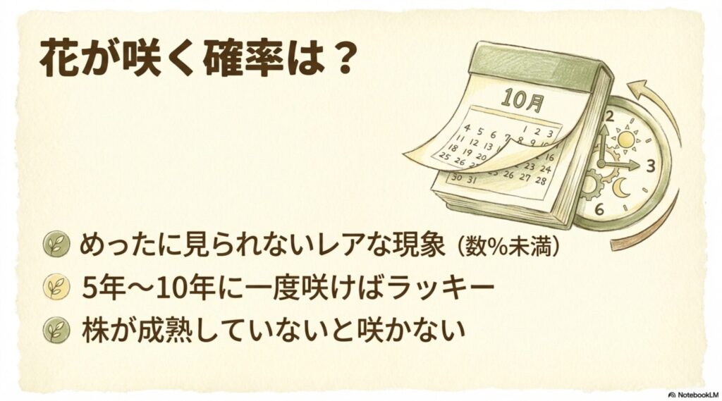 カレンダーと数字で示すサンスベリアの花が咲く確率と頻度