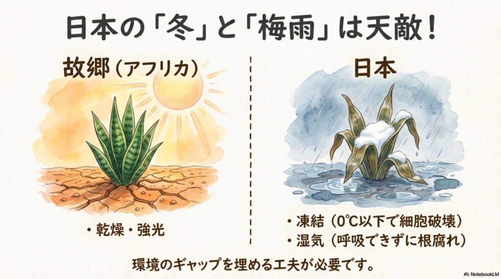 サンスベリアの原産地アフリカの乾燥した環境と、日本の冬・梅雨の過酷な環境（雪・湿気）の比較イラスト。