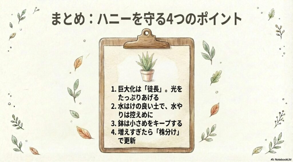 サンスベリア・ハニーを巨大化させないための4つのポイントまとめ