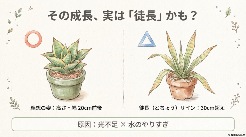 サンスベリア・ハニーの正常な成長と徒長の比較図解