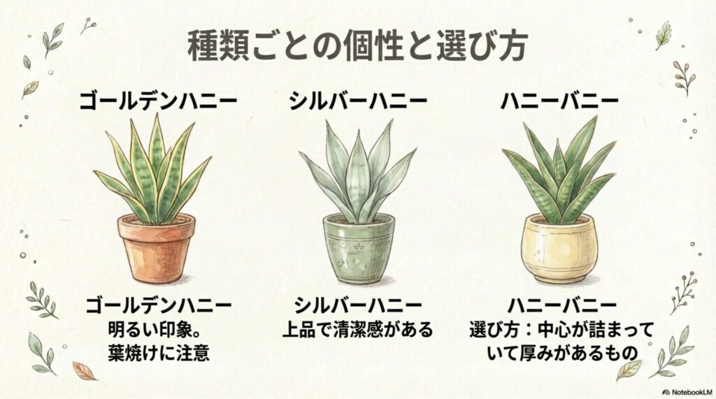 サンスベリア・ハニーの種類ごとの特徴（ゴールデンハニー・シルバーハニー・ハニーバニー）