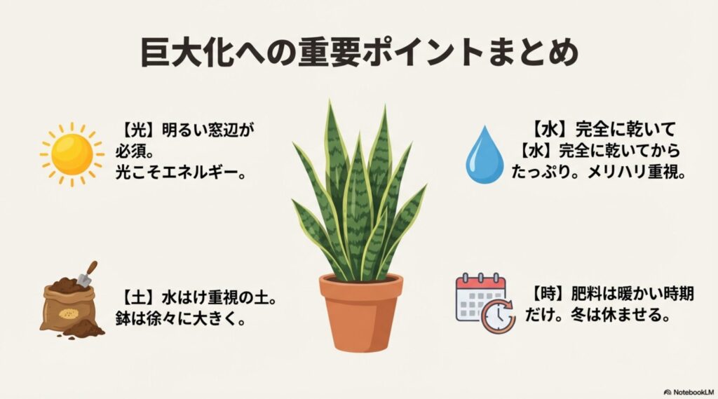 サンスベリアを巨大化させるための光、水、土、肥料の4つの重要管理ポイントまとめ図解。