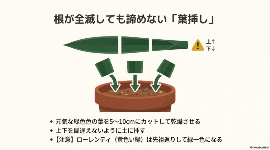 サンスベリアの葉をカットして上下を間違えずに土に挿す葉挿しのイラスト