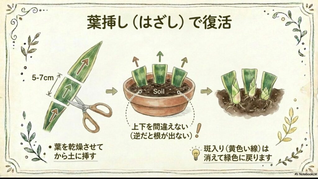 サンスベリアを葉挿しで増やすための葉のカット方法。上下を間違えないように印をつけるか、特徴的な切り口にするイラスト。