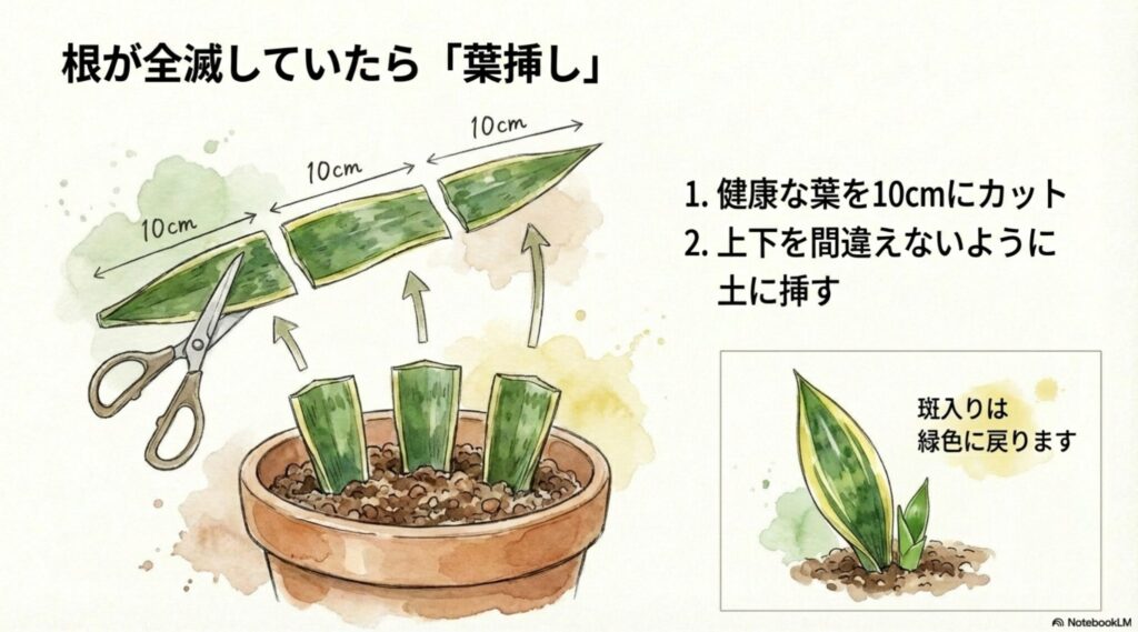 健康な葉を10cmにカットし、上下を間違えずに土に挿して再生させる葉挿しの方法