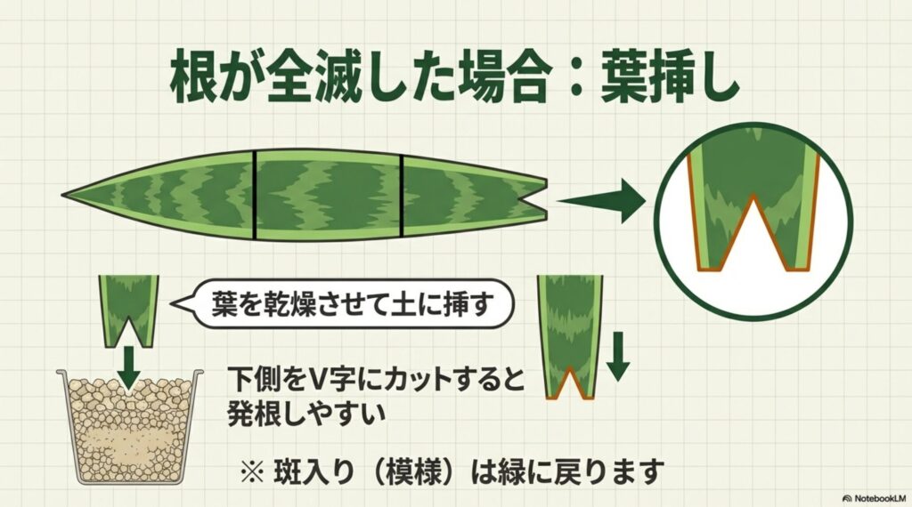 サンスベリアの葉をV字にカットして土に挿し、発根を促す葉挿しの手順図