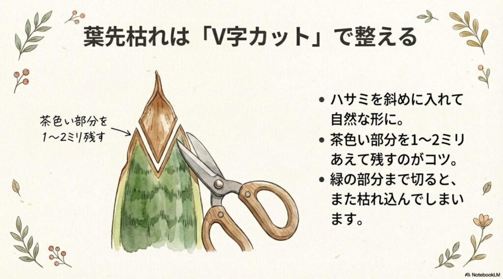 ハサミを斜めに入れて茶色い部分を1〜2ミリ残すV字カットの図解