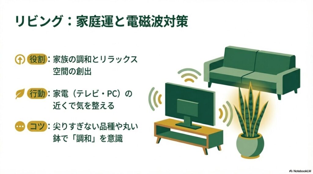 リビングのテレビ横に置かれたサンスベリアのイラスト。電磁波を和らげ、家庭運の調和を図るイメージ