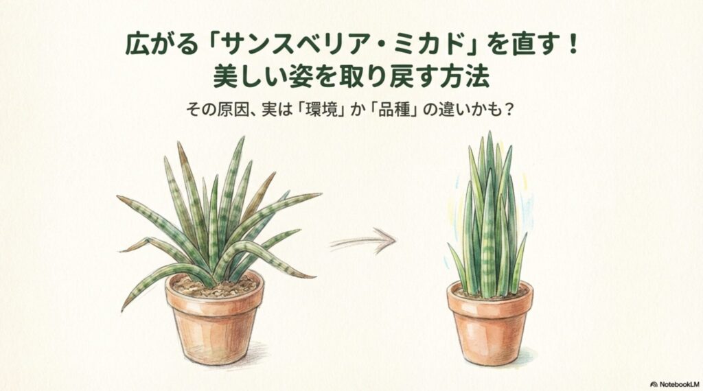 横に広がってしまったサンスベリア・ミカドのイラストと解決への導入