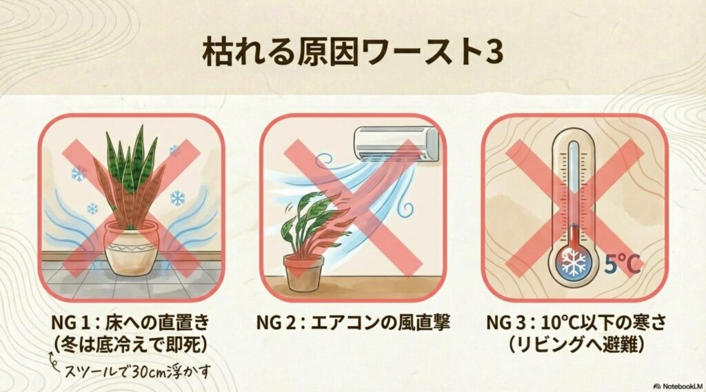 サンスベリアが枯れる原因となるNGな置き場所（床への直置き・エアコン直撃・5度以下の寒さ）