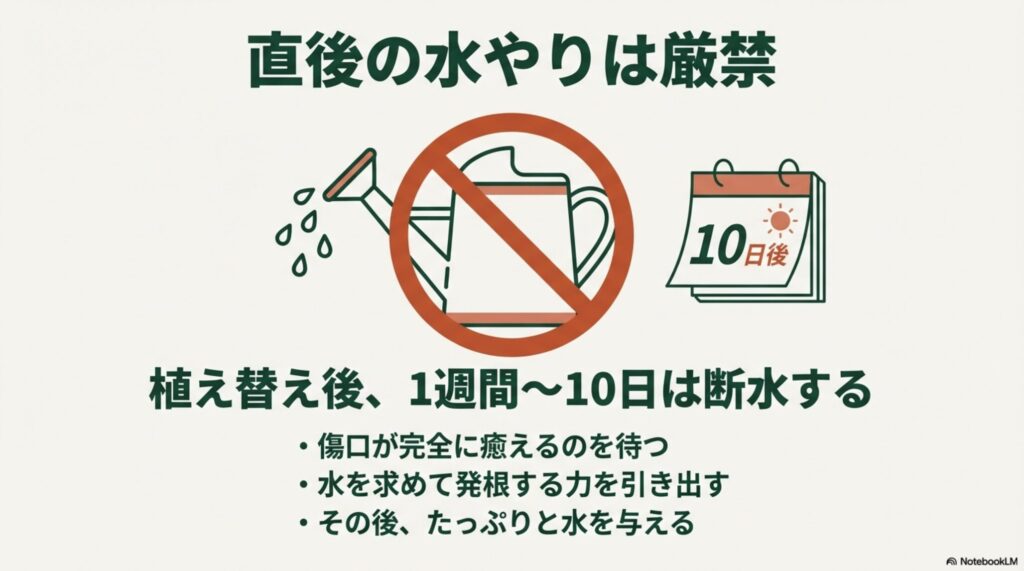 ジョウロに禁止マークがついたイラストと、カレンダーで10日後まで断水することを示すイラスト