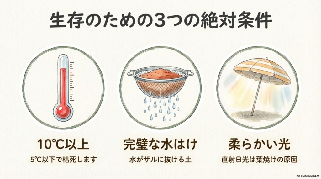 サンスベリアを屋外で育てるための3つの絶対条件。10度以上の気温、完璧な水はけ、柔らかい光のイラスト解説。