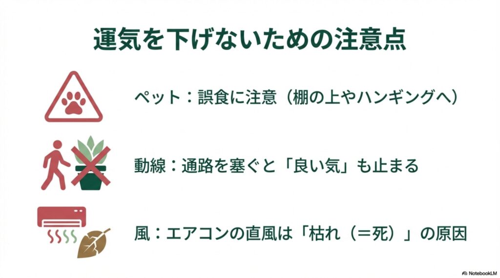 ペットの誤食注意、通路を塞ぐことによる気の停滞、エアコンの直風による枯れを防ぐための注意喚起イラスト