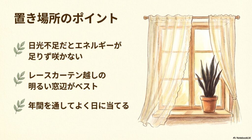 レースカーテン越しの窓辺に置かれたサンスベリアのイラスト