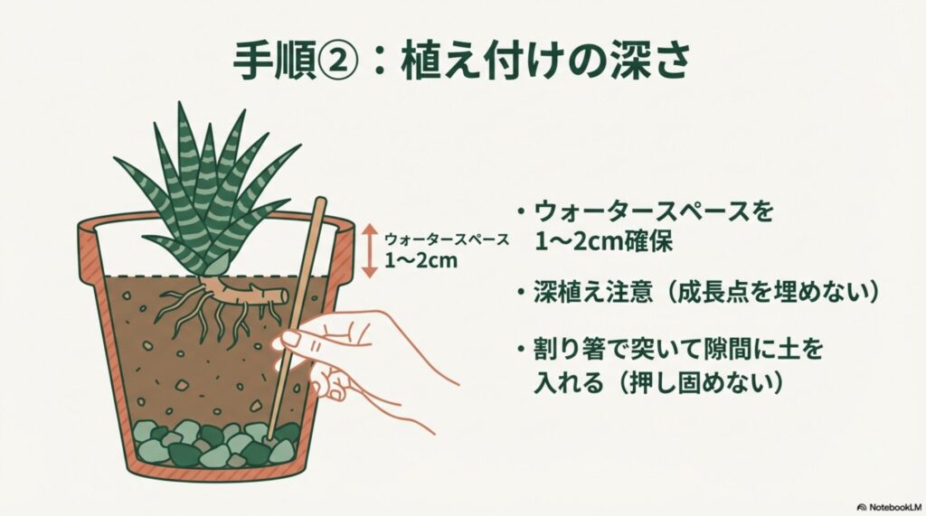 鉢の縁から1〜2cmのウォータースペースを確保し、適切な深さで植え付けられている断面図
