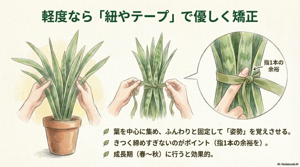 広がったサンスベリアを紐で優しく縛って矯正する方法と注意点