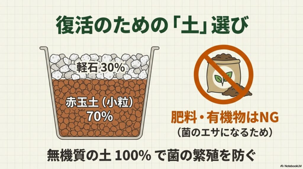 赤玉土7割、軽石3割の無機質用土の配合図と、有機質培養土禁止のマーク