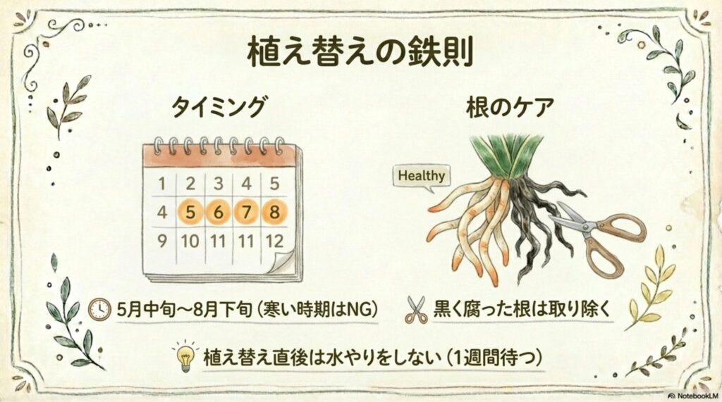 サンスベリアの植え替えに適した時期を示すカレンダー。5月中旬から8月下旬がベストシーズンで、寒い時期はNG。