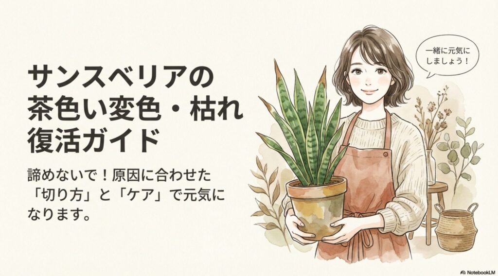 サンスベリアを持つ女性のイラストと「茶色い変色・枯れ復活ガイド」というタイトル文字