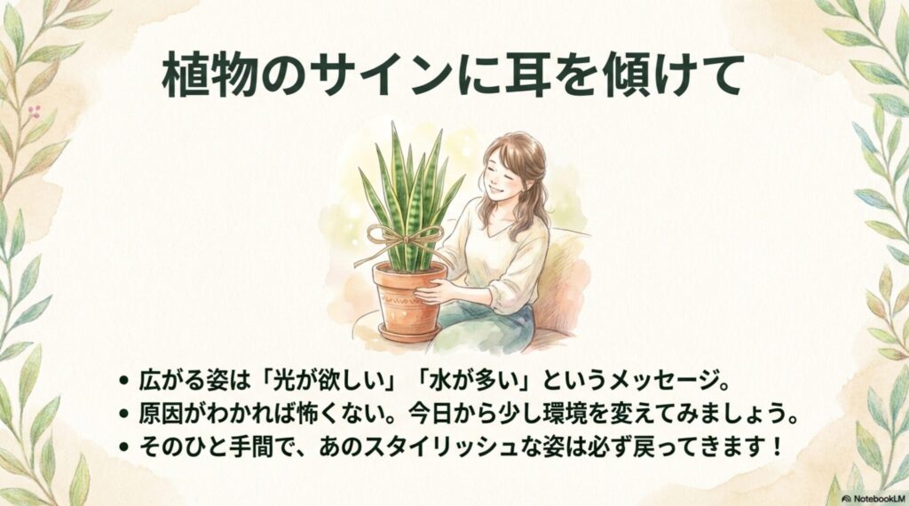 元気を取り戻したサンスベリアの鉢植えを見て微笑む女性のイラスト