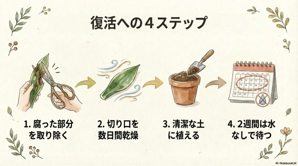 腐った部分の除去、乾燥、植え付け、断水期間の4工程を示したイラスト