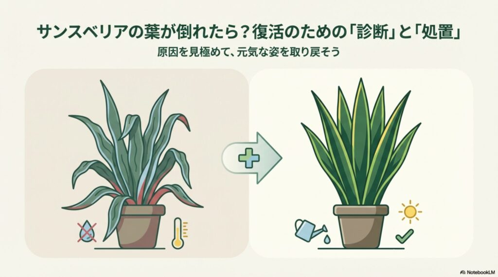 サンスベリアの葉が倒れた時の診断と処置をまとめたガイドの表紙イラスト