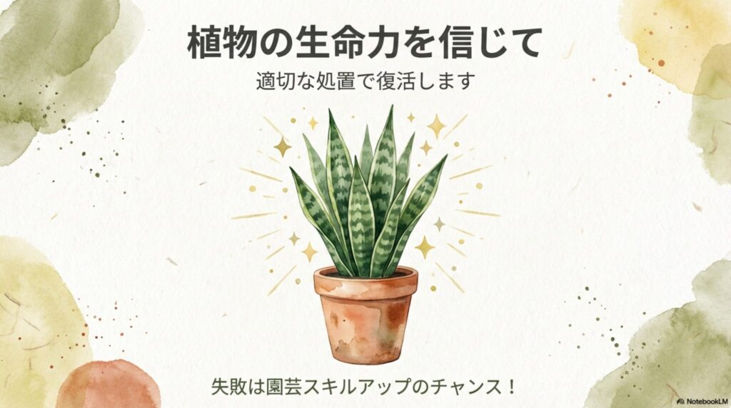 適切な処置で復活し、キラキラと元気になったサンスベリアのイラストと応援メッセージ