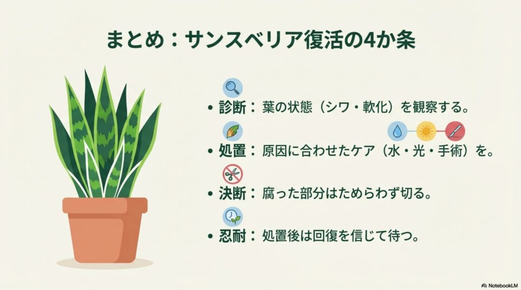 診断、処置、決断、忍耐の4つのポイントでまとめたサンスベリア復活のための要点まとめ