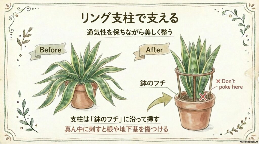 サンスベリアにリング支柱を使って形を整えるBefore/Afterのイラスト。支柱は根を傷つけないよう鉢の縁に沿って挿すことが重要。