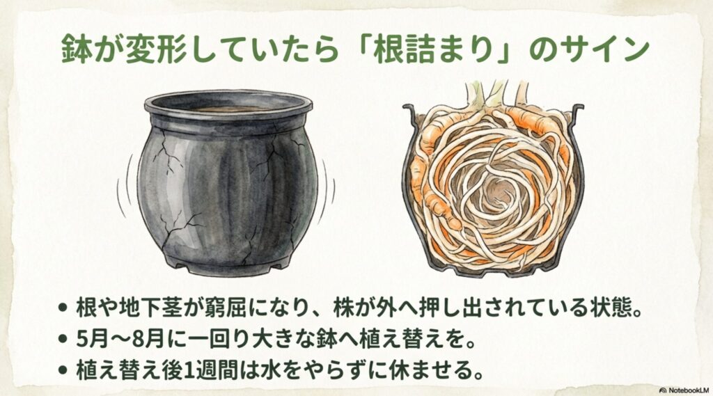 根詰まりを起こして鉢の中で根が回っているサンスベリアの断面図