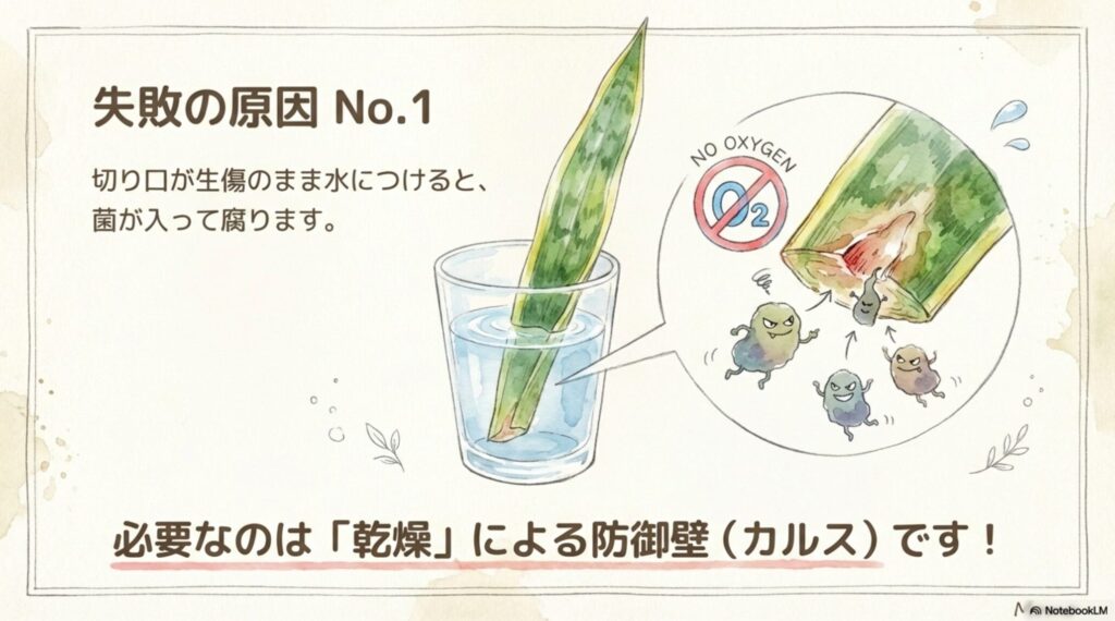 サンスベリアの水耕栽培における正しい水位（1-2cm）を示した図。入れすぎによる窒息を防ぐ。