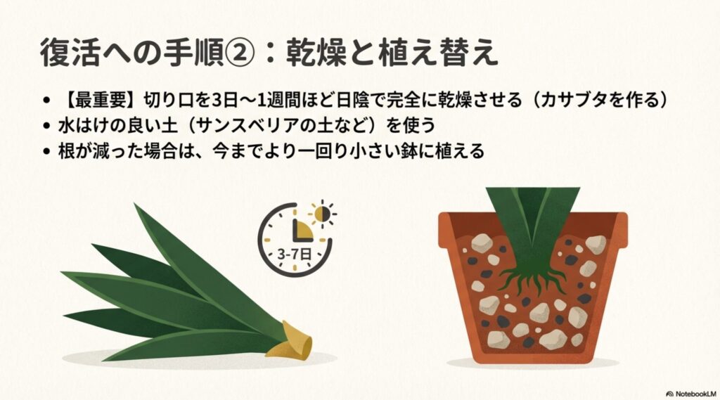 切除後のサンスベリアを3日から1週間乾燥させて新しい土に植える手順イラスト