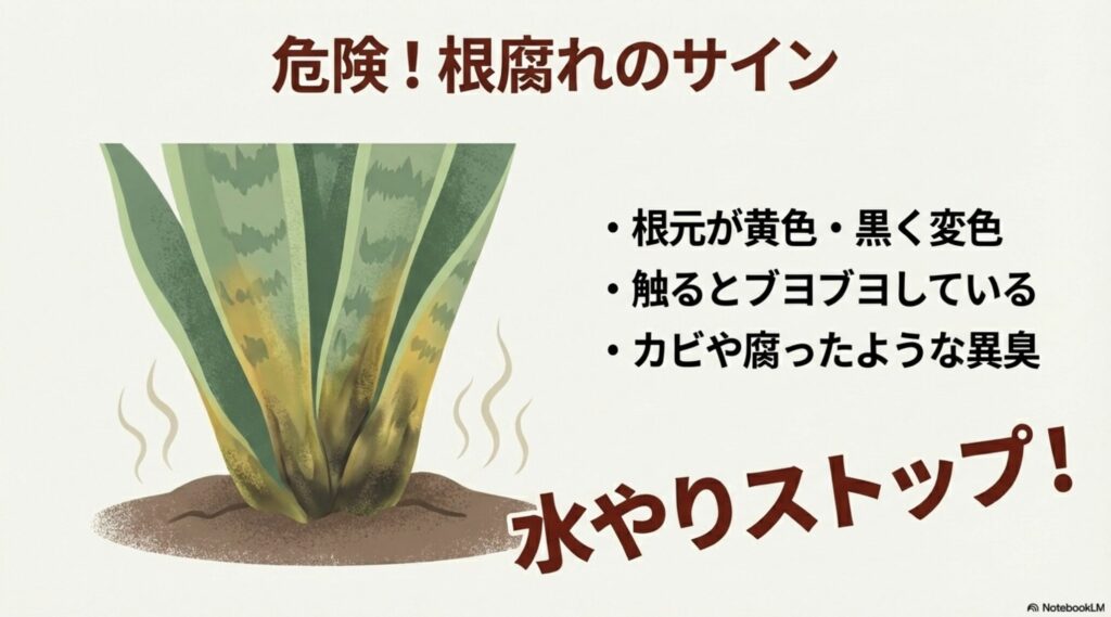 サンスベリアの根腐れサイン。根元が黄色や黒に変色し、触るとブヨブヨして異臭がする場合は水やりをストップしてください。