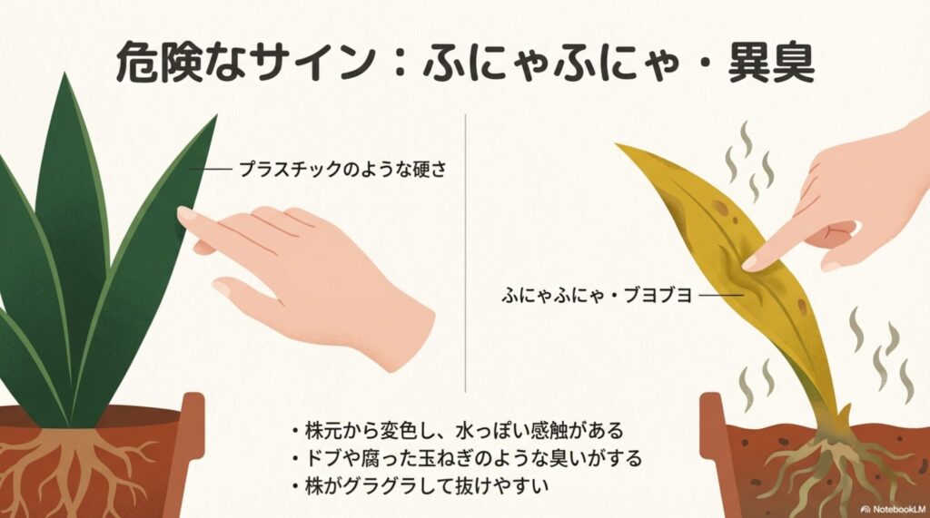 サンスベリアの健康な硬さと根腐れした時のふにゃふにゃ・異臭の比較イラスト