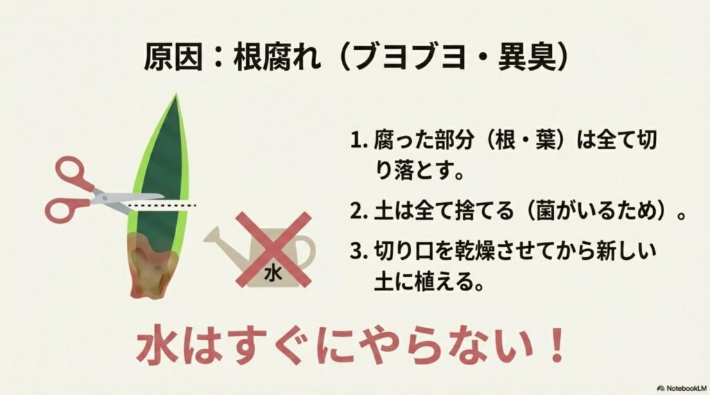 腐った根や葉を切り落とし、土を捨てて乾燥させてから植え替える手順のイラスト