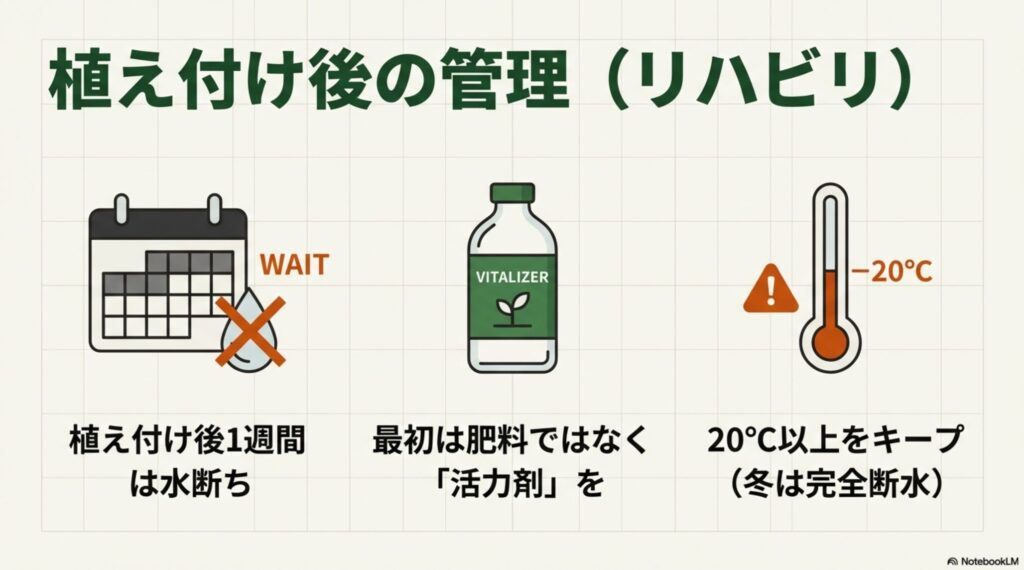 植え付け後1週間待ってから活力剤を与える手順と、20度以上を保つ温度管理のイラスト