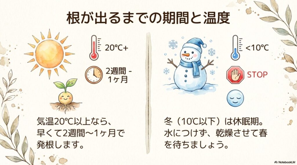 サンスベリアの発根にかかる期間（2週間〜1ヶ月）と適切な温度（20℃以上）。10℃以下は休眠期。