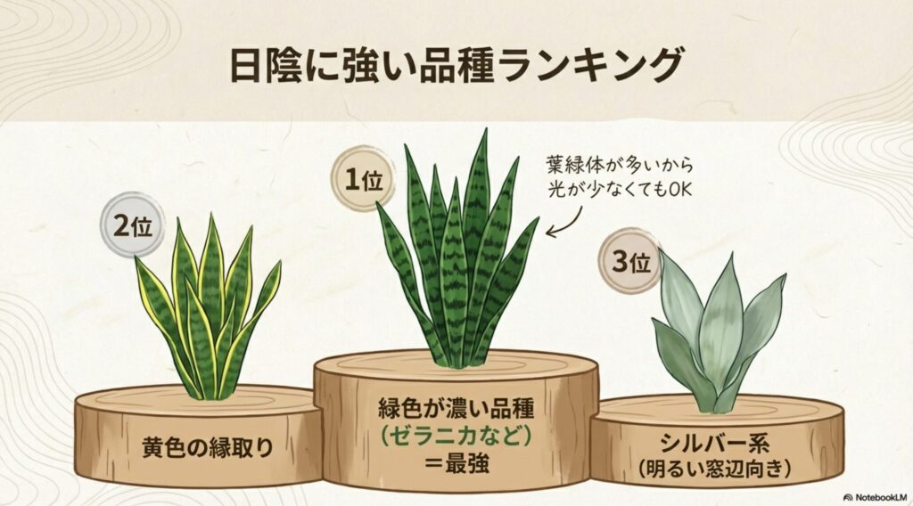 サンスベリアの耐陰性ランキング。1位ゼラニカ、2位ローレンティー、3位シルバー系
