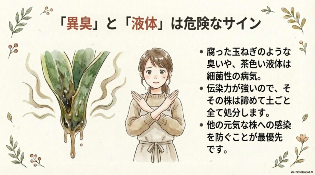 腐った玉ねぎのような臭いや液体は細菌性の病気であり、土ごと処分が必要であることを示す警告イラスト