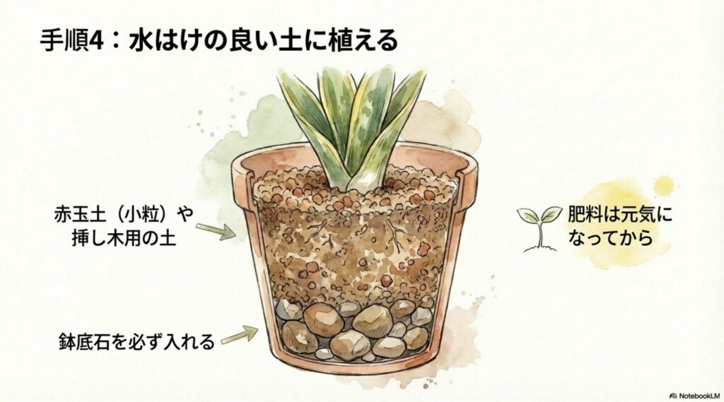赤玉土や挿し木用の土を使用し、鉢底石を必ず入れた水はけの良い植え替え図解