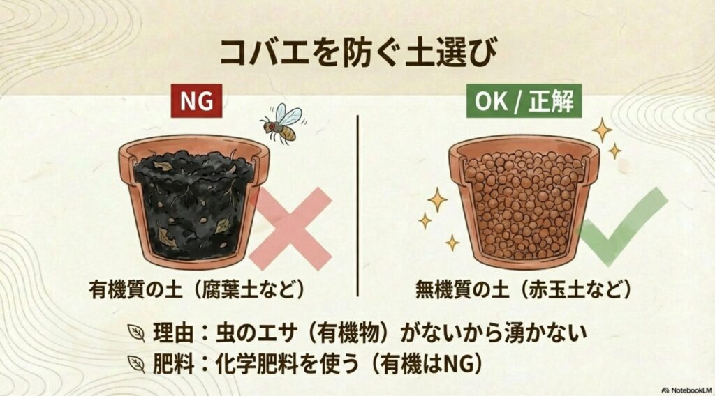 コバエを防ぐ土の選び方。有機質の土はNG、無機質の土（赤玉土など）がおすすめ