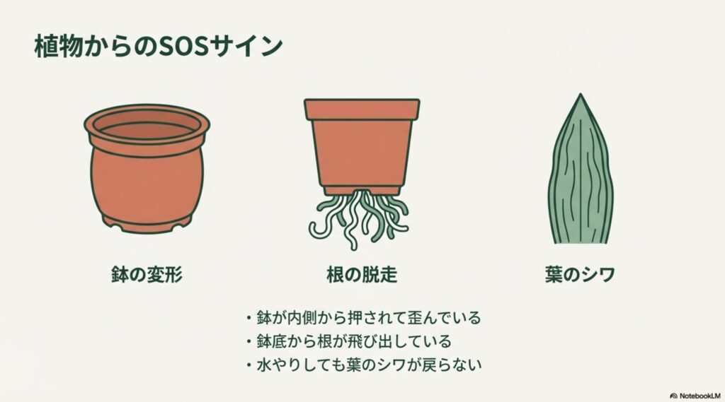 サンスベリアの鉢が内側から押されて歪んでいる様子、鉢底から根が出ている様子、葉にシワが寄っている様子のイラスト