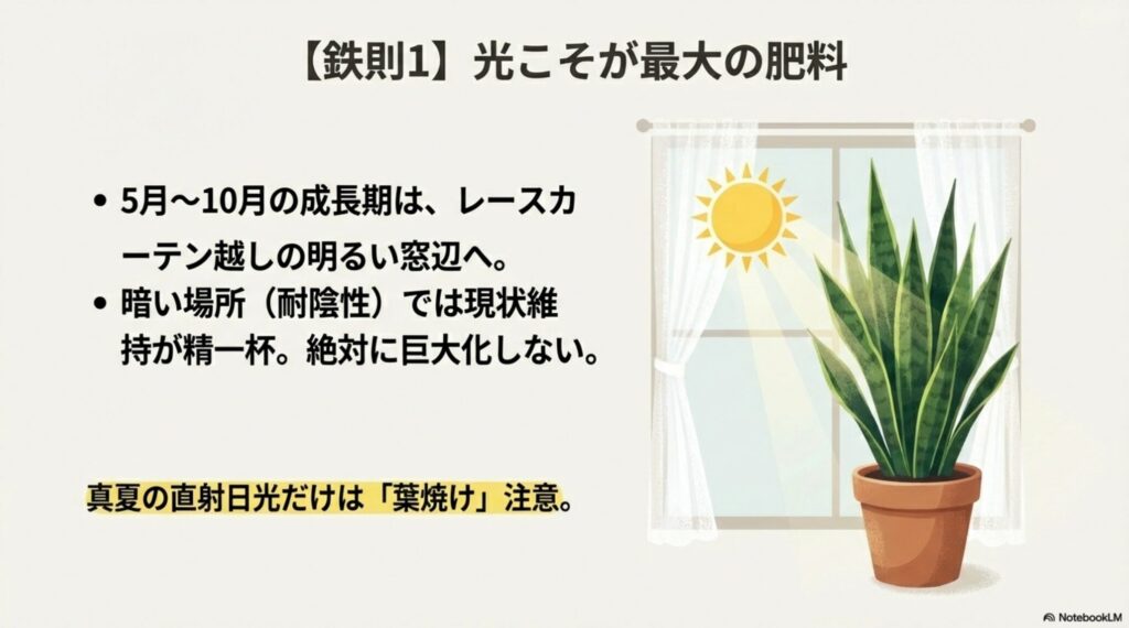 サンスベリアを巨大化させるための日当たり条件。レースカーテン越しの窓辺に置くイラスト。