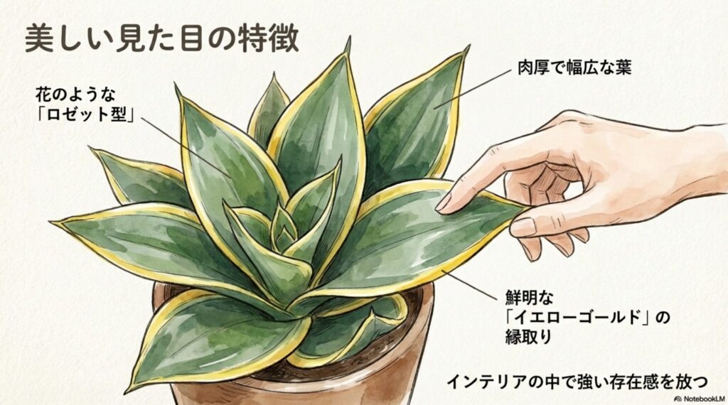 サンスベリア・スパーバの特徴解説。肉厚で幅広な葉が花のようなロゼット型に広がり、鮮明なイエローゴールドの縁取りがある。