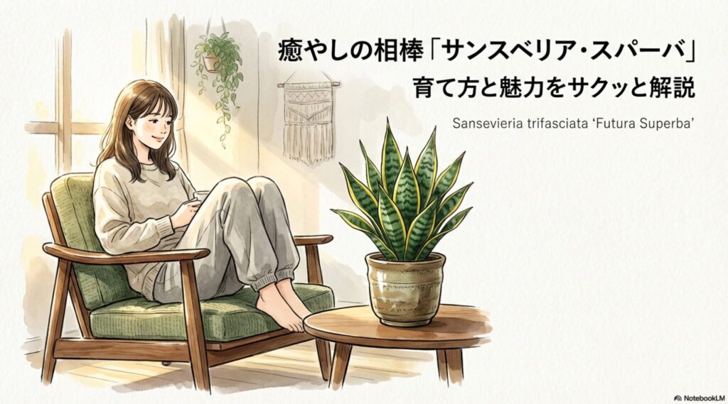 ソファでくつろぐ女性と、テーブルに置かれたサンスベリア・スパーバのイラスト。育て方と魅力を解説する記事のアイキャッチ。
